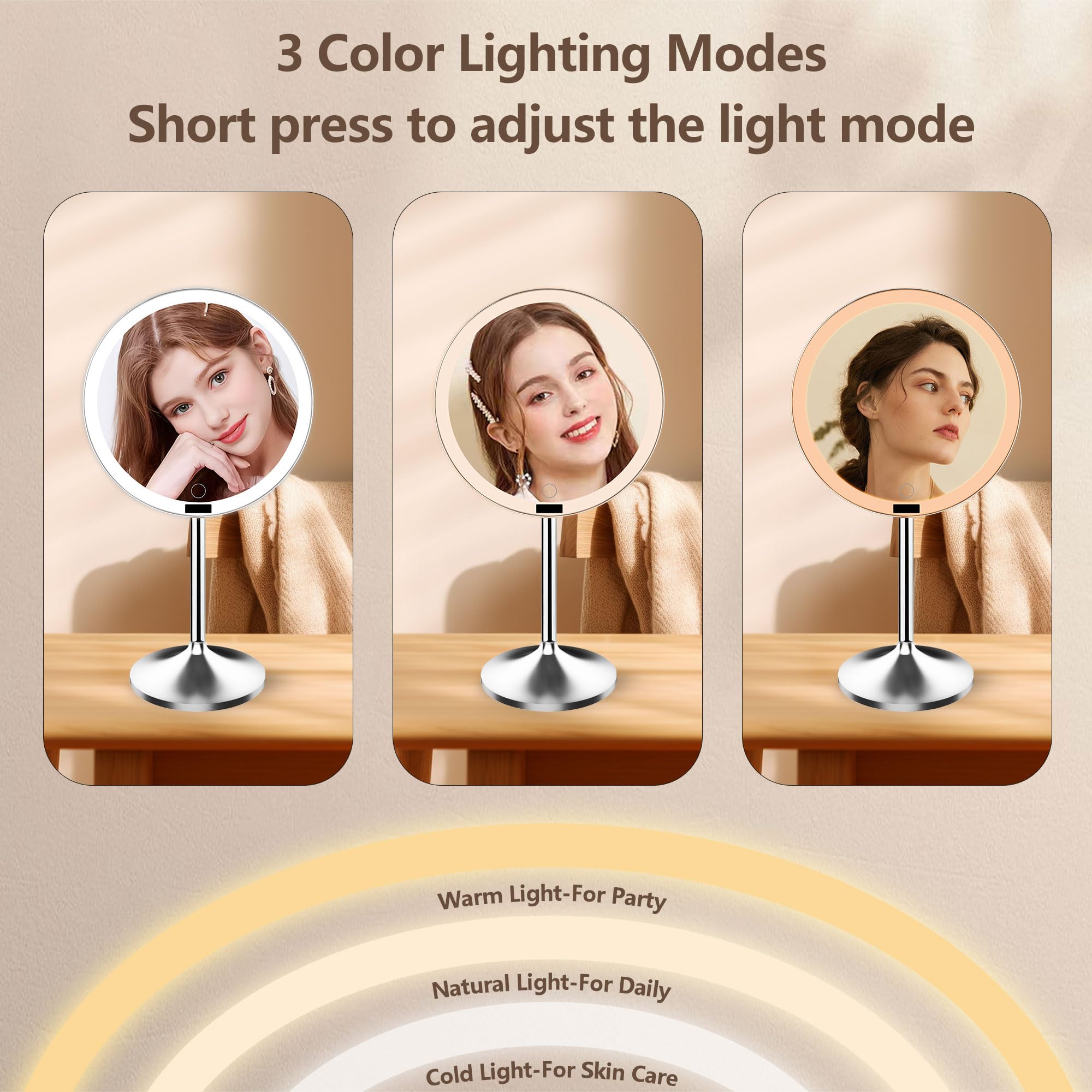 Espejo de tocador grande de 9 pulgadas con luces, espejo de maquillaje iluminado con espejo de aumento desmontable de 10X, 77 luces LED, espejo de maquillaje con sensor recargable de 4000 mAh