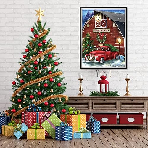 Miniatura 4 de CEOVR Kit de pintura de diamantes de Navidad, kit de arte de diamantes de invierno nevado para adultos, pintura 5D de casa roja con diamante, arte
