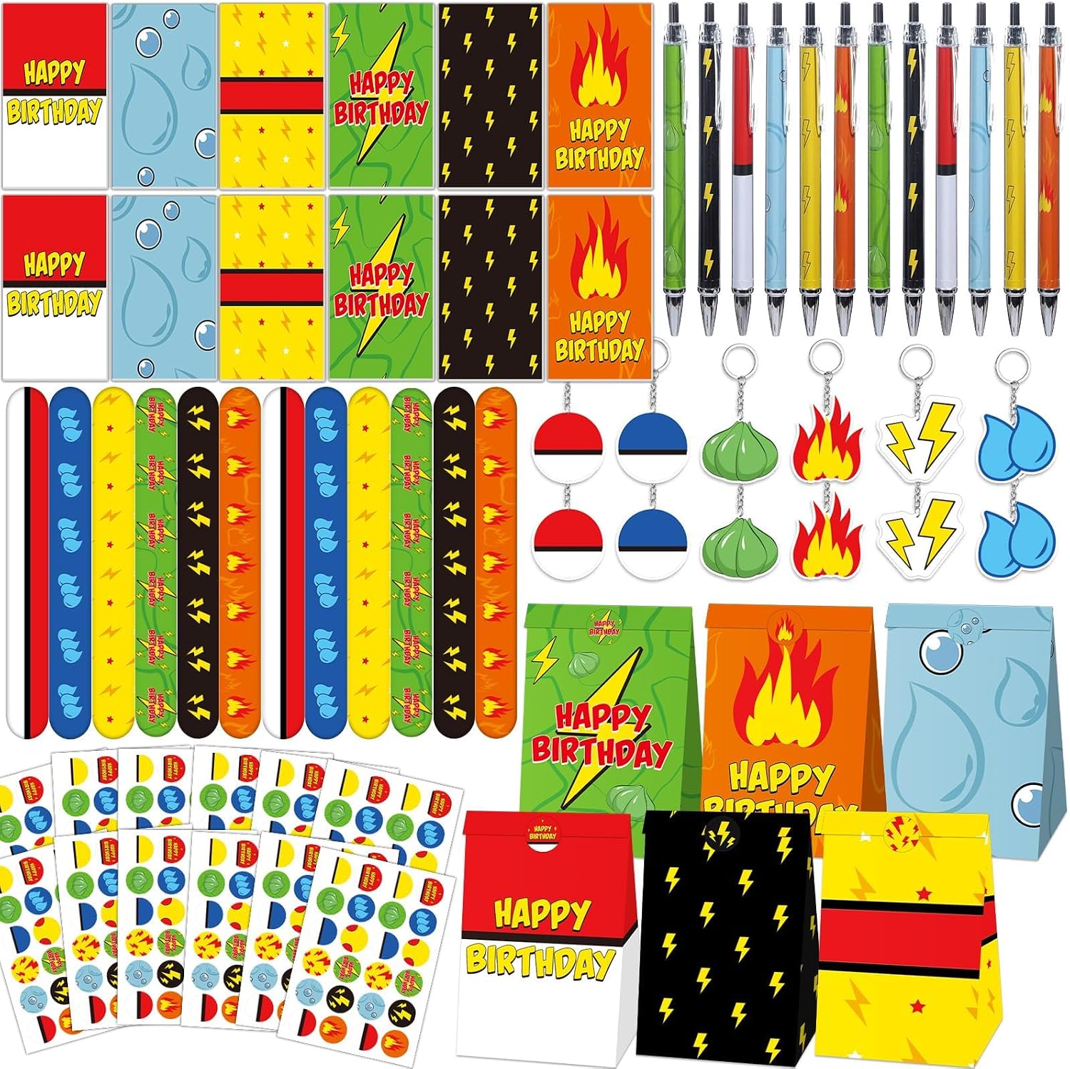 84Pcs Cartoon Animation Party Favors Birthday Decorations Cartoon Anime Pens Notepads Paper Gift Bag Key Chains Slap Bracelet Sticker Red and White Party Decor for Birthday Game Activities Supplies