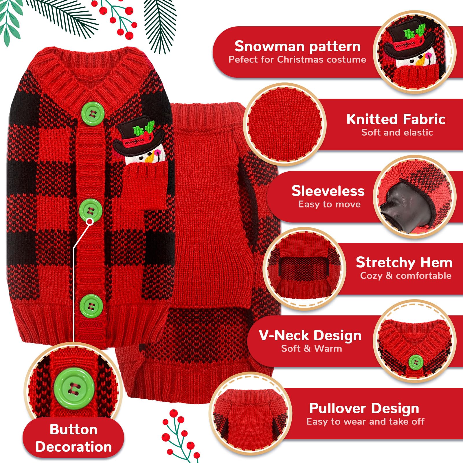 ABRRLO Dog Christams Jumpers XS Small V Neck Puppy Xmas Jumper Cute Snowman Red Doggy Cat Christmas Sweater Knitted Outfits for Small Medium Large Dogs (Grid snowman,S) - Image 2