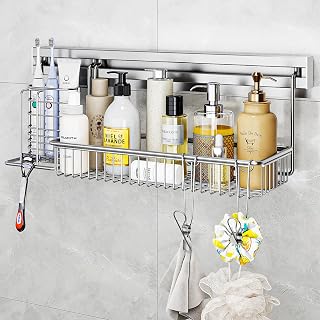 MINGLING Stainless Steel Shower Caddy, 41 cm Wall Back Crossbar Rustproof Shelves with 2 Long Tail Hook Clip, Large Capacity Bathroom Organizers and Storage