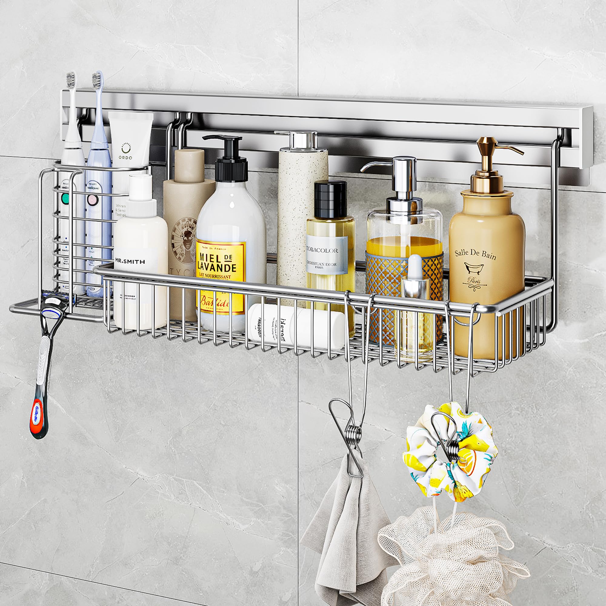 MINGLING Stainless Steel Shower Caddy 41 cm Wall Back Crossbar Rustproof Shelves with 2 Long Tail Hook Clip