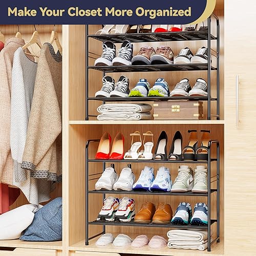 Miniatura 6 de Zapatero de 3 niveles, organizador de zapatos de armario para entrada, soporte apilable de almacenamiento de zapatos resistente, color negro