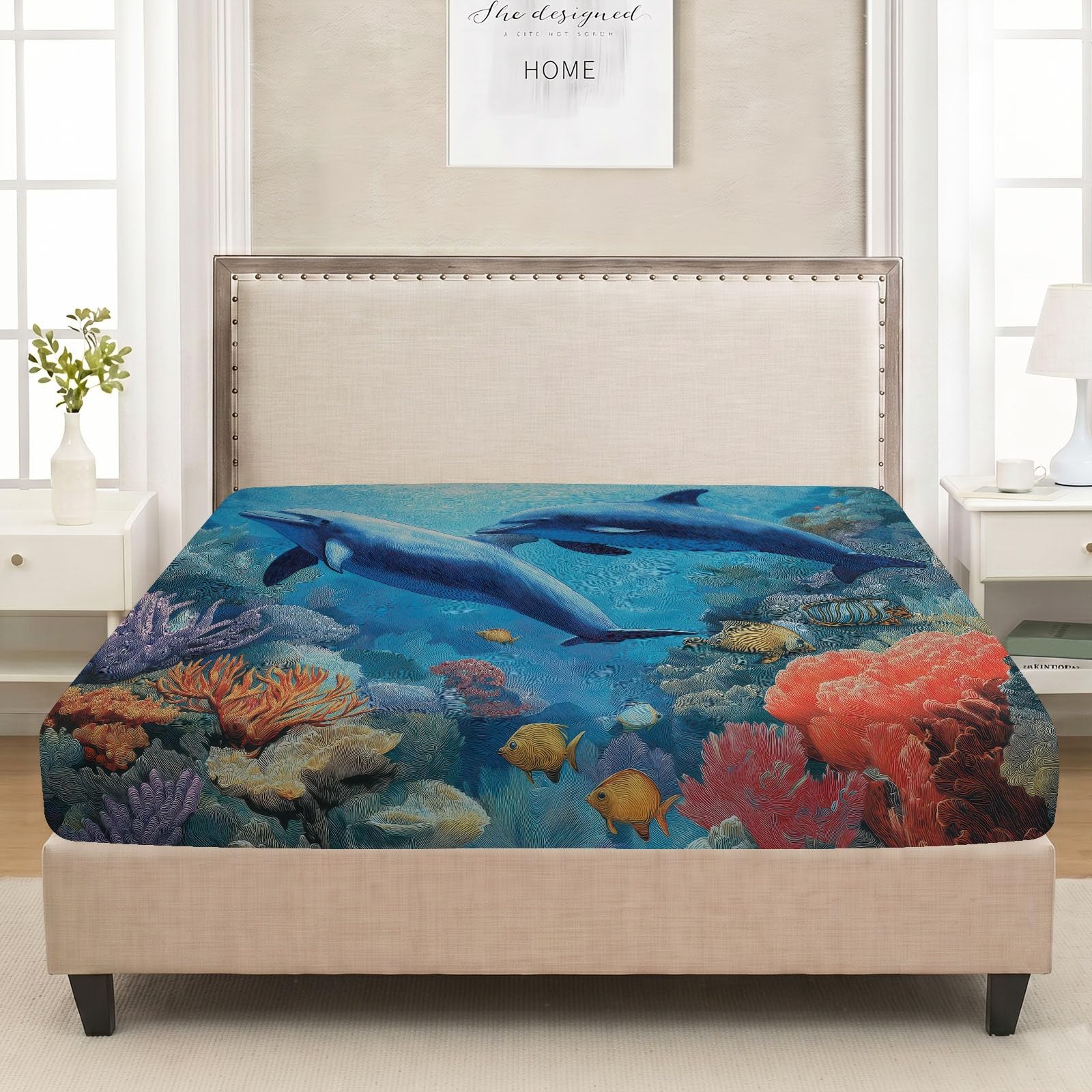 Juego de sábanas bajeras ajustables de 3 piezas, 90 x 200 cm, diseño de arrecife de delfín, peces tropicales, de microfibra, animales marinos, suave y agradable al tacto, transpirable, colchones de