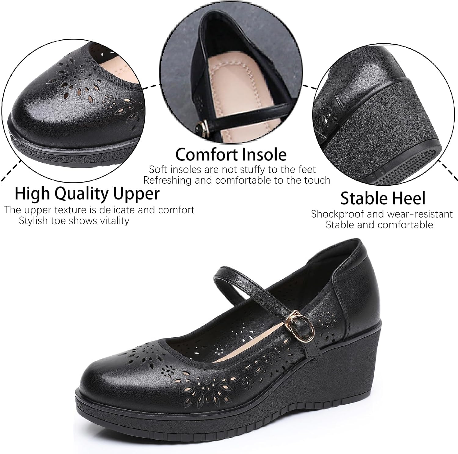 Women's Genuine Leather Mary Janes Wedge Heels Walking Shoes With Adjust Buckle Strap Fashion Breathable Hollow Out Closed Round Toe Platform Sandals Pumps for Party Work Dress Shoes