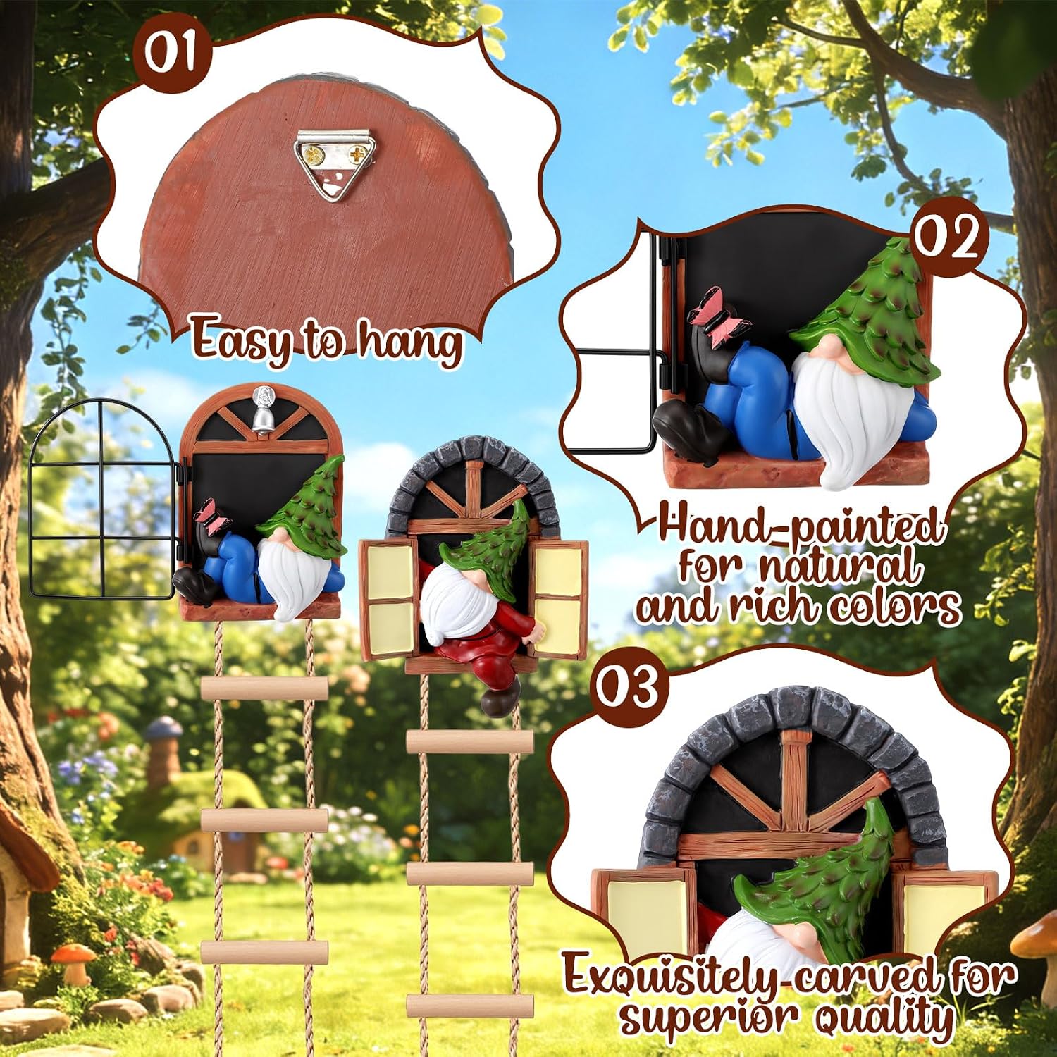 Thyle 4 Pieces Garden Gnomes Outdoor Tree Hugger Gnome Fairy Statue Elf Out the Door Resin Figurine Hanging Ladder Decoration Tree Faces Decor Outdoor for Patio Yard Lawn (Woodland Style)
