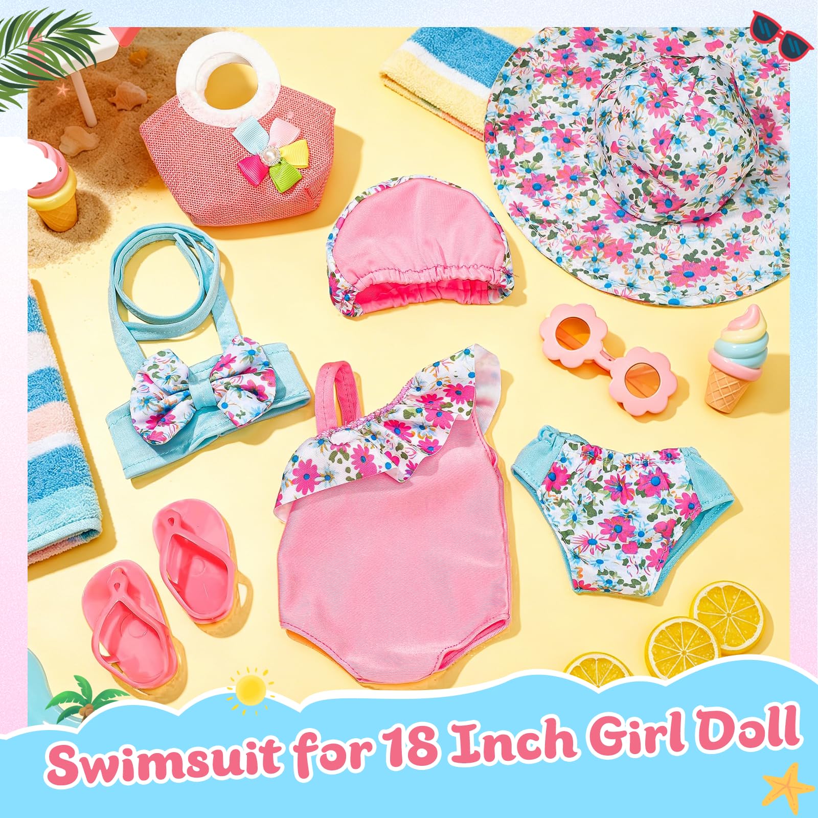 Costume da Bagno per Bambole, Set di Nuoto per Bambole, Vestiti Bambola Estate con Costumi da Bagno, Occhiali da Sole,Cappello, Pantofole, Vestite Bambole Reborn per Bambole 35-45 cm