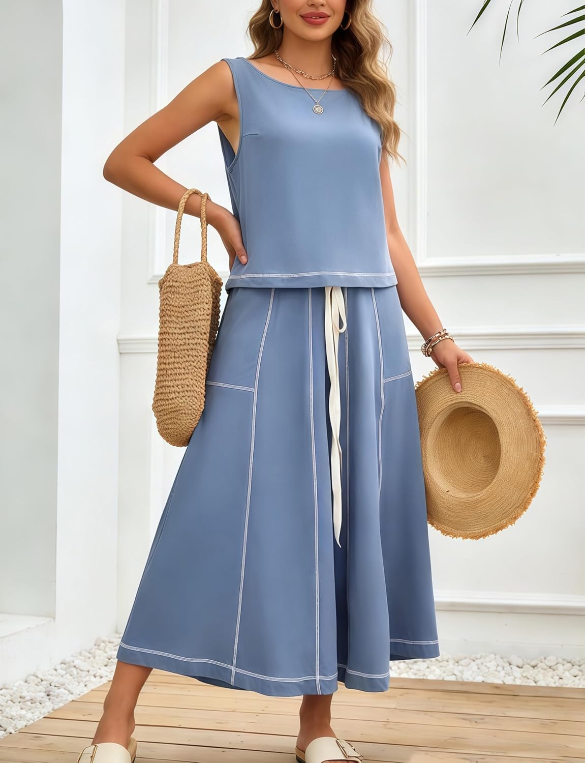 Womens 2 Piece Skirt Set Sleeveless Top Drawstring Midi Skirt(BlueGrey-L)