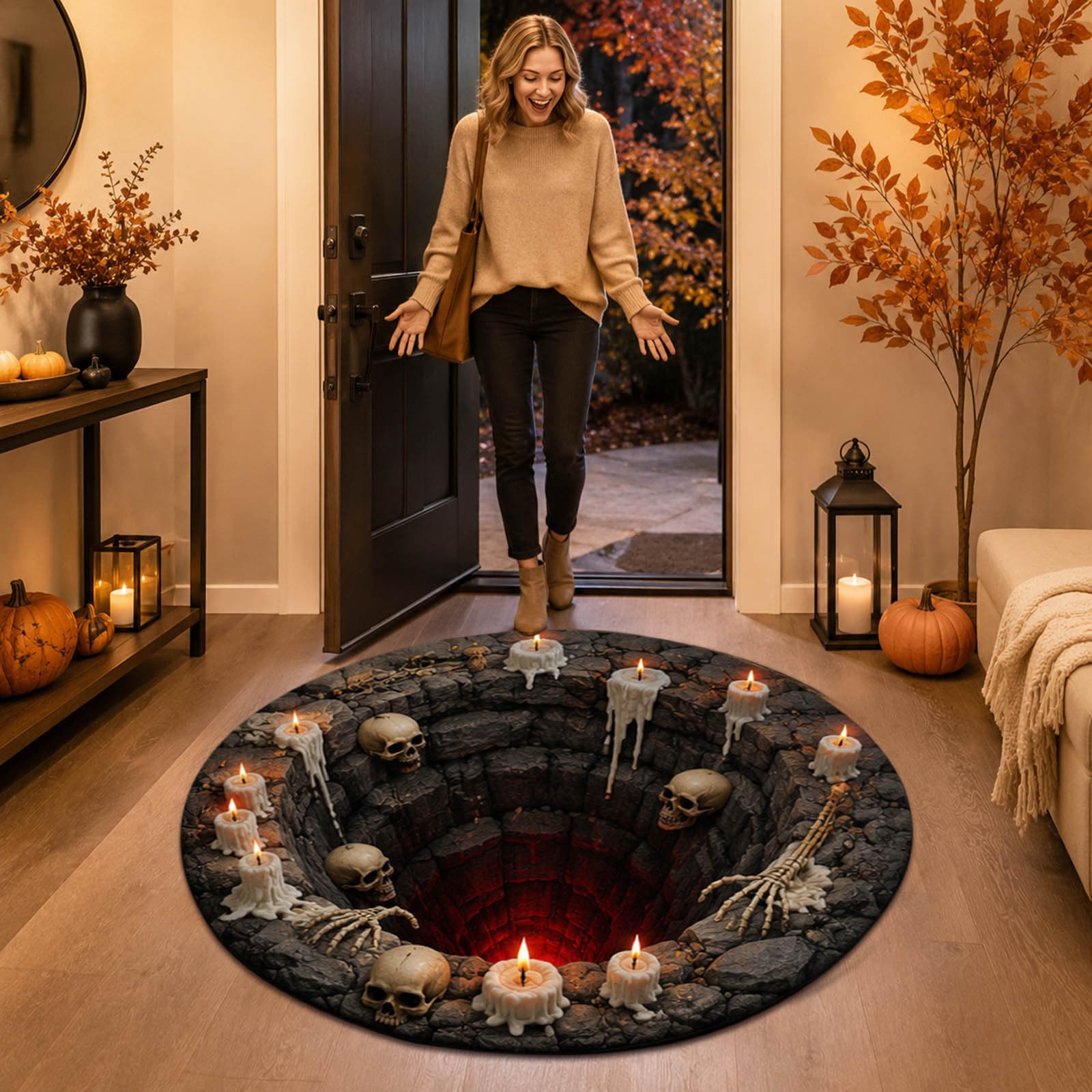 Halloween 3D Rug, 3D Optical Illusion Rugs, Soft & Durable Fabric, Non-Slip Round Halloween Theme Quilted Rug for Bathroom Bedroom Living Room Entryway Holiday Party Indoor Outdoor (D_40*40cm)