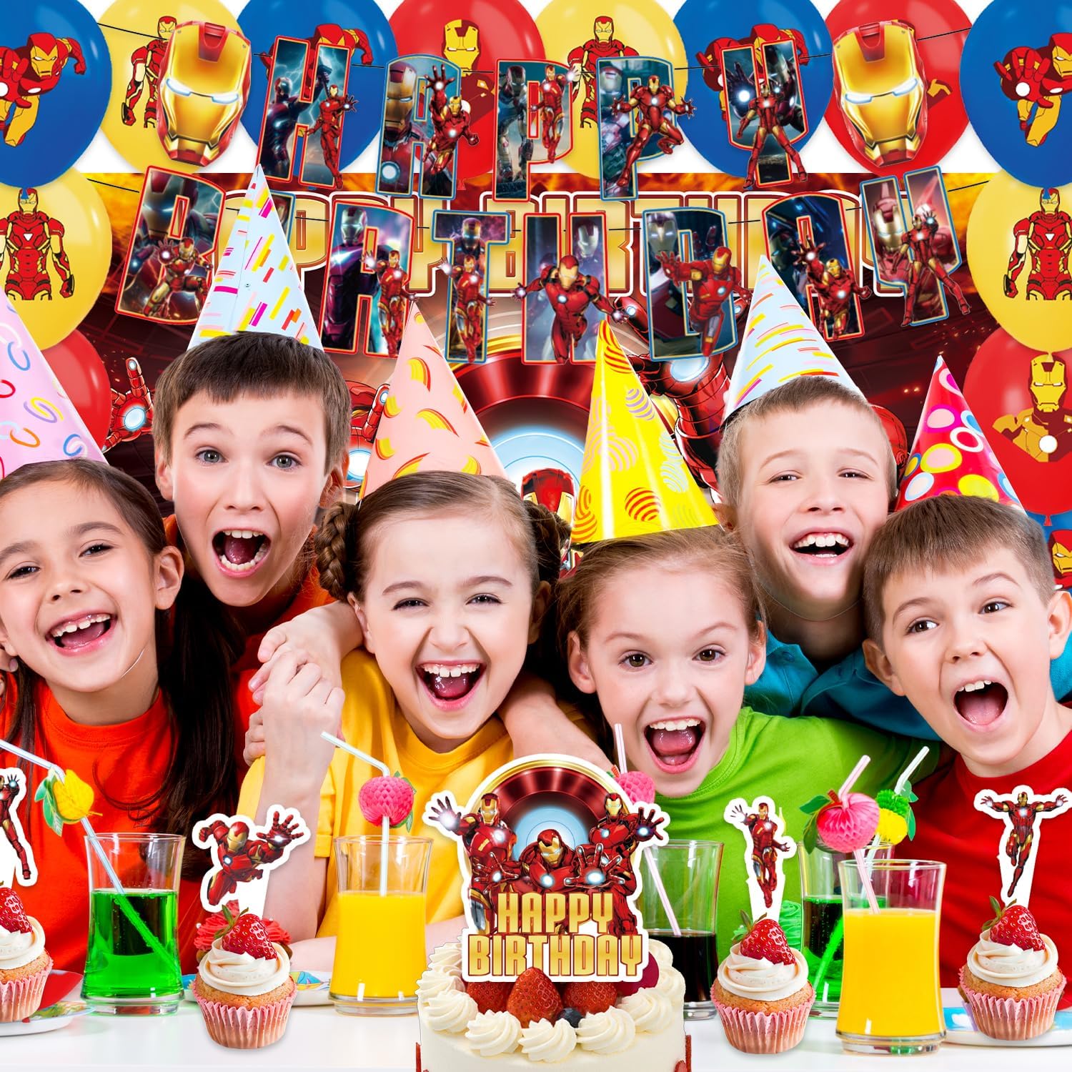 42pcs 𝗜𝗿𝗼𝗻 Hero Man Birthday Party Supplies Pack Includes，Banner，Cake Topper，Blackdrop,Balloons for 𝗜𝗿𝗼𝗻 Hero Man party supplies