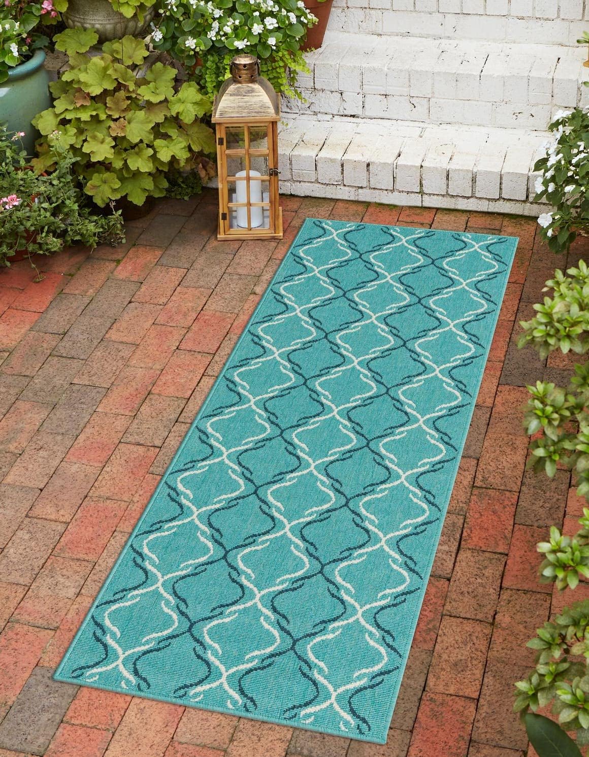 Unique Loom Outdoor Trellis Collection Area Rug - Parmaklik (2' x 8' Runner, Teal/ Navy Blue)