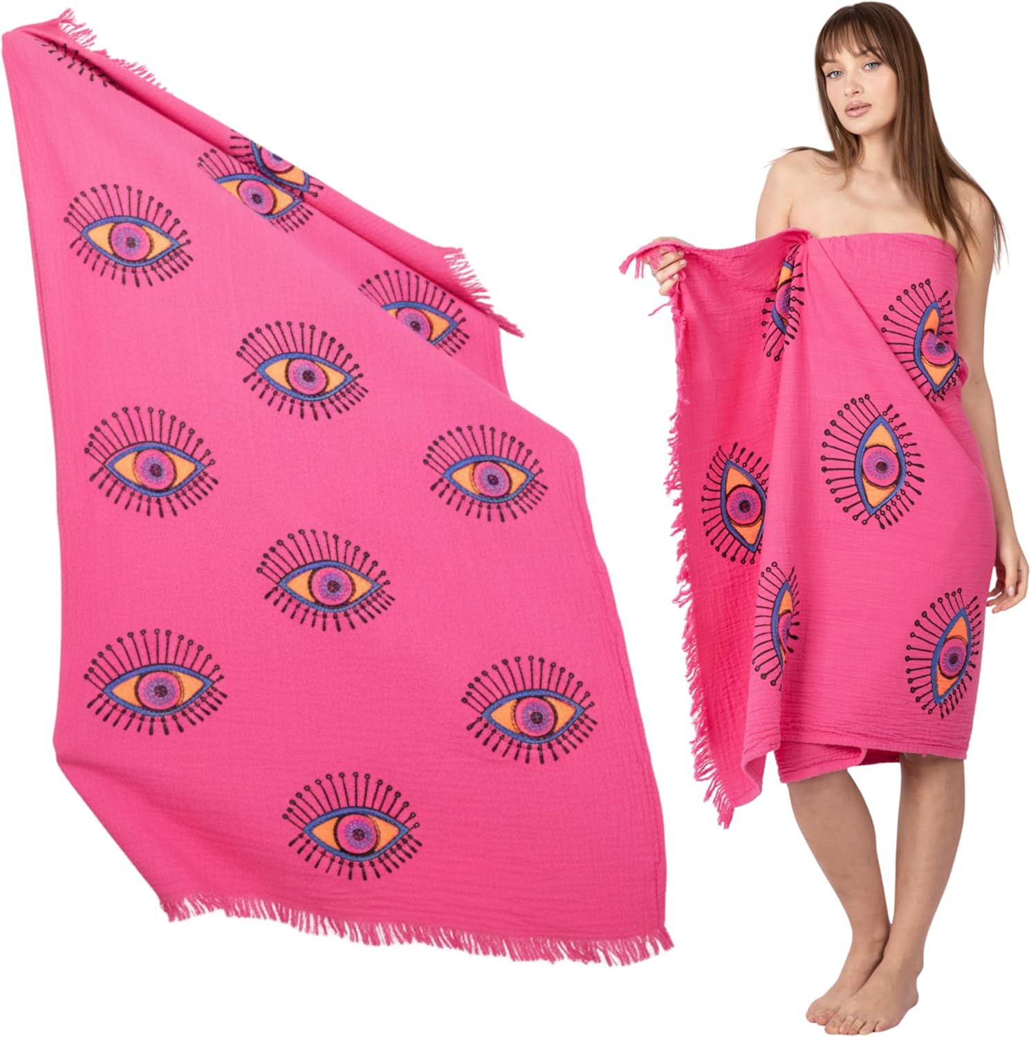 Acetory Turkish Muslin Beach Towel 38x71 – 100% Organic Cotton Peshtemal Hammam Wrap, Quick Dry & Sand Free Blanket Boho Bath & Travel Towel (Pink Evil Eye Pattern, Perfect for Her)