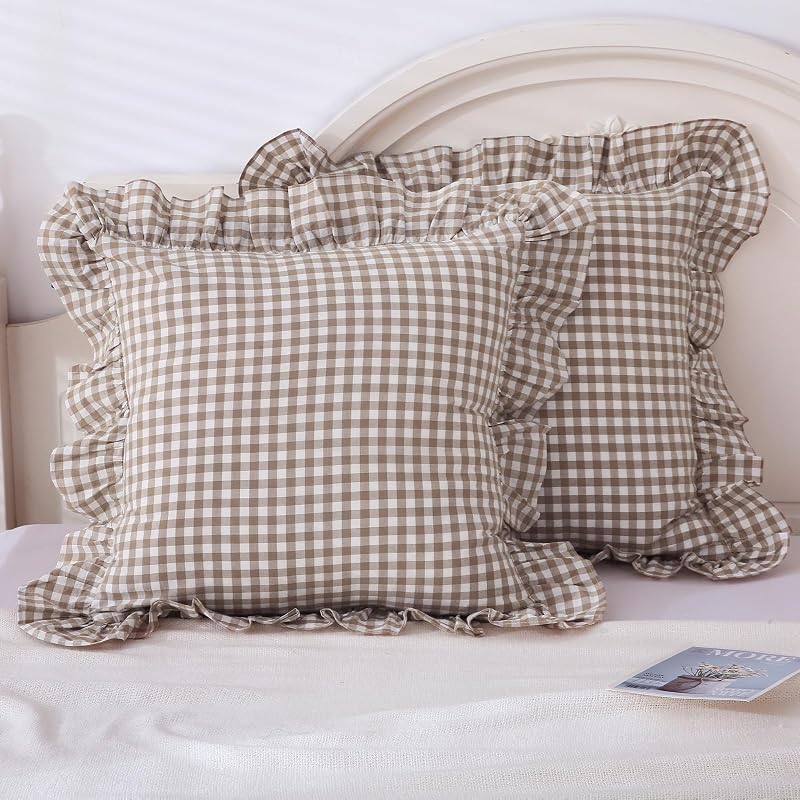 Mywinlle Taupe Plaid Gingham Ruffle Decorative Throw Pillow Covers 18"x18"