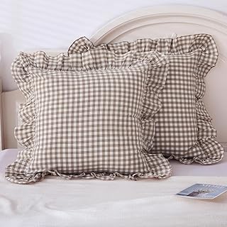 Taupe Plaid Ruffle Decorative Throw Pillow Covers for Couch 20"x20",2 Pack Vintage Checkered Washed Cotton Pillowcases for Bed, Sofa, Living Room