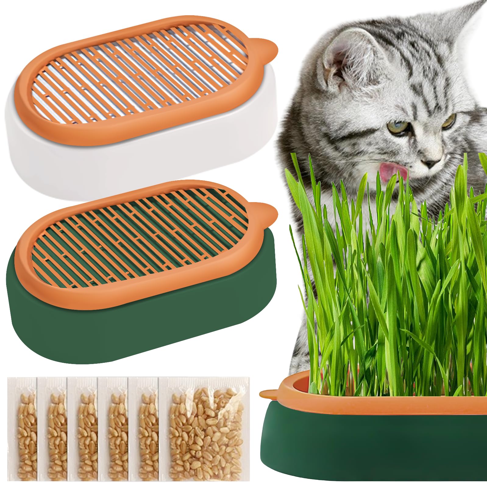 Katzengras Tablett Wachstumsset: Kunststoff Bequem Katze Gras Fall, 2 Stücke Hydroponik-Katzengraskasten mit 6 Tasche Seed, Katzengras-Keimschale Für Katzenhunde Haustiere