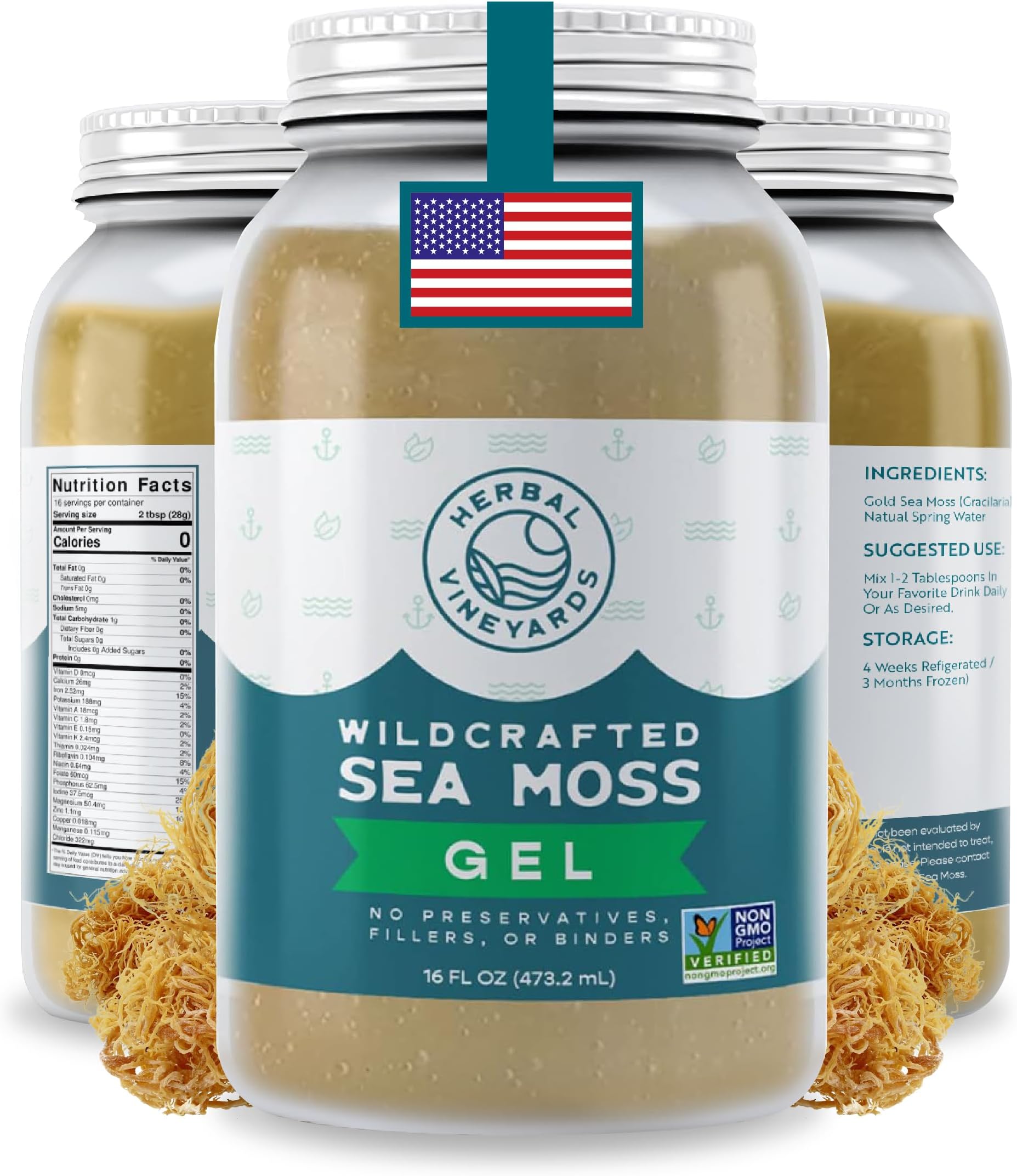 Herbal Vineyards Wildcrafted Irish Gold Sea Moss Gel 16 Oz - Organic Seamoss Gel Made with Dried Seaweed & Fresh Sea Vegetables, Natural & Plant-Based, Harvested in Pristine Waters, USA