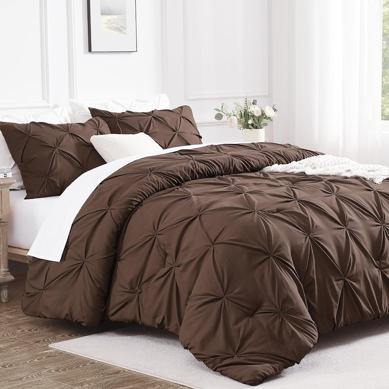 Andency Brown Queen Comforter Set, 3 Piece All Season Decorative Pintuck Bedding Comforter & Sets, Brown Soft Microfiber Lightweight Washable Bed Set for Queen Size Bed