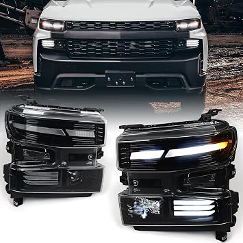 Huray Full LED Headlights Assembly for Chevy Silverado 1500 2019-2021 [Only for Halogen Version] [Driver & Passenger Side] LED DRL w/Lens Head Lamps