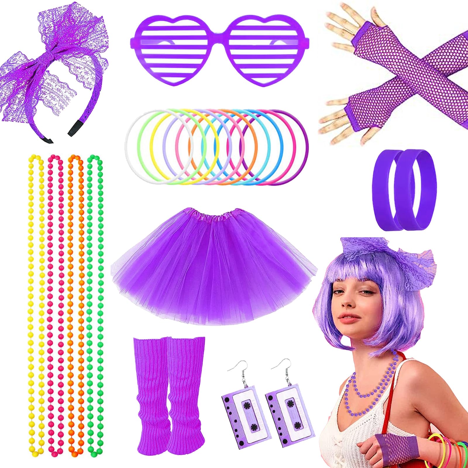 80s Fancy Dress Costume Accessories Se for Women Girls Rainbow Tutu Skirt Leg Warmers Fishnet Gloves Glasses Earrings Bracelet Necklace Headband, Retro Outfit for 80s Party, Dress up Day