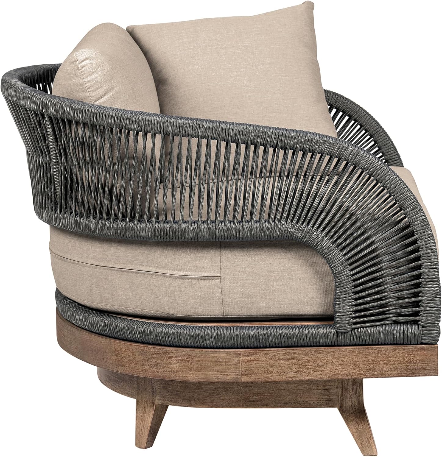 Armen Living Orbit Swivel Outdoor Patio Chair in Weathered Eucalyptus Wood with Gray Rope and Taupe Olefin Cushions