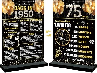 Trgowaul 75th Birthday Anniversary Decorations Women Men, Black Gold Back in 1950 Birthday Poster Acrylic Table Sign with Stand, 75 Birthday Decor Gifts Men, Vintage 1950 75 Years Ago Poster Decoration