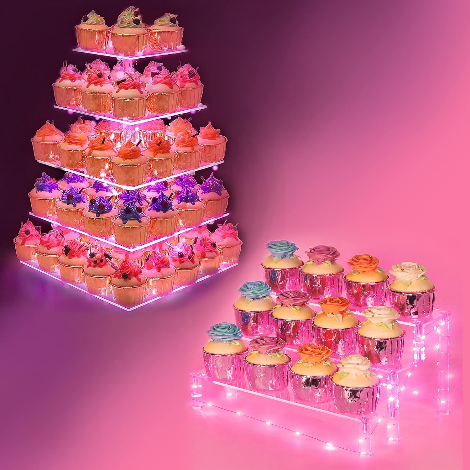 3 Tier Shelf Cupcake Stand (Pink) + 5 Tier Premium Cupcake