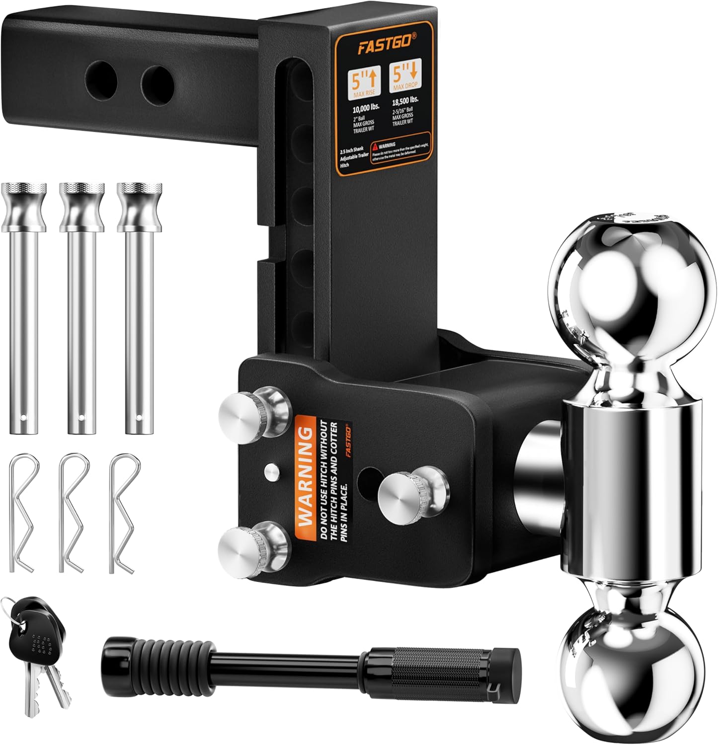 Fastgo Trailer Hitches - Fits 2.5" Receiver, Adjustable Trailer Hitch Ball Mount, Dual Ball (2" x 2-5/16") Tow Hitch, Drop Hitch, Truck Hitch, Anti-Theft, 5" Drop/Rise, 18500GTW