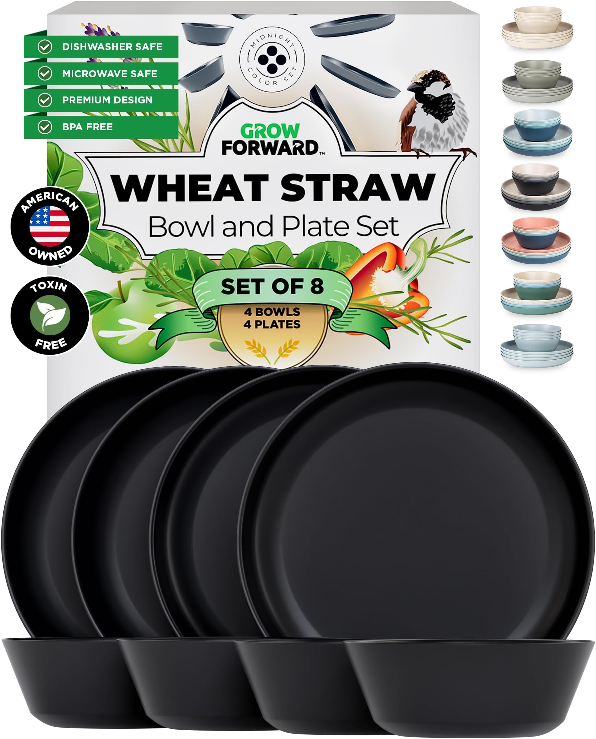 Grow Forward Premium Wheat Straw Plates and Bowls Sets - 8-Piece Wheat Straw Dinnerware Sets - Unbreakable & Reusable Microwave Safe Plastic Dinner Plates for Outdoors, RV, Camping Dishes - Midnight