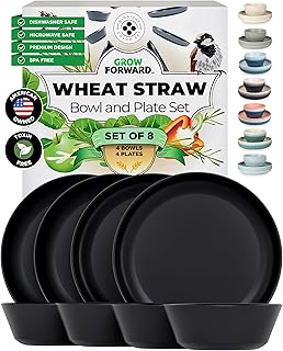 Grow Forward Premium Wheat Straw Plates and Bowls Sets - 8-Piece Wheat Straw Dinnerware Sets - Unbreakable & Reusable Microwave Safe Plastic Dinner Plates for Outdoors, RV, Camping Dishes - Midnight