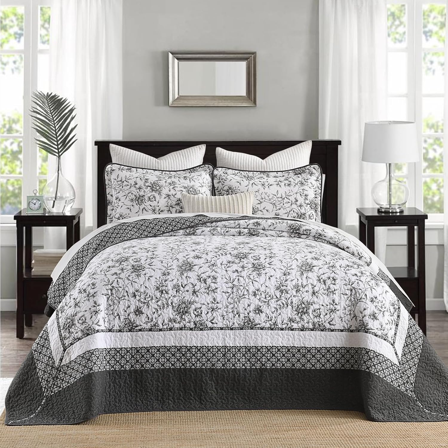 DDUOXIN 120" Wx120 L Oversized King Bedspread - 100% Cotton Super XL Size Quilt with 2 Pillow Shams, Vintage Botanical Modern Bedroom Reversible Lightweight Bedding Coverlet Sets, Gray/Charcoal/White