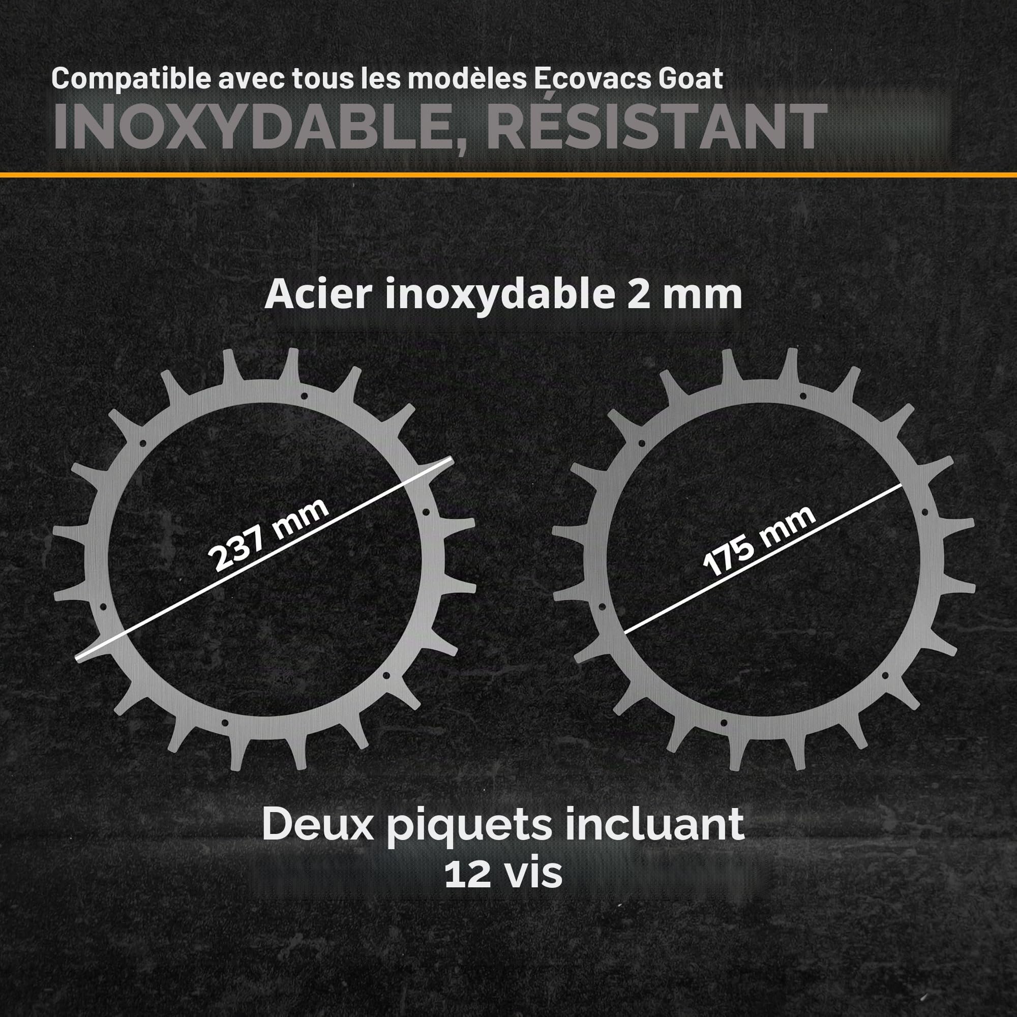 Spikes pour robot tondeuse Ecovacs GOAT série G, O et A - Acier inoxydable - Trous de vis abaissés - 14 vis Torx - Aide à la traction pour robot à gazon - Diamètre extérieur 235 mm