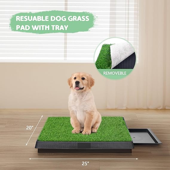 COZIWOW Grass Pad for Dogs with Tray, 25×20 Dog Grass Pad with Tray for Puppy Potty Training, Washable Indoor Dog Potty Grass, Resuable Artificial Porch Potty Pet Loo