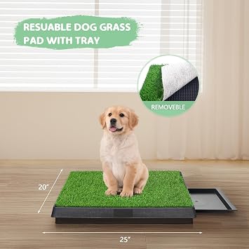 COZIWOW Grass Pad for Dogs with Tray, 25×20 Dog Grass Pad with Tray for Puppy Potty Training, Washable Indoor Dog Potty Grass, Resuable Artificial Porch Potty Pet Loo