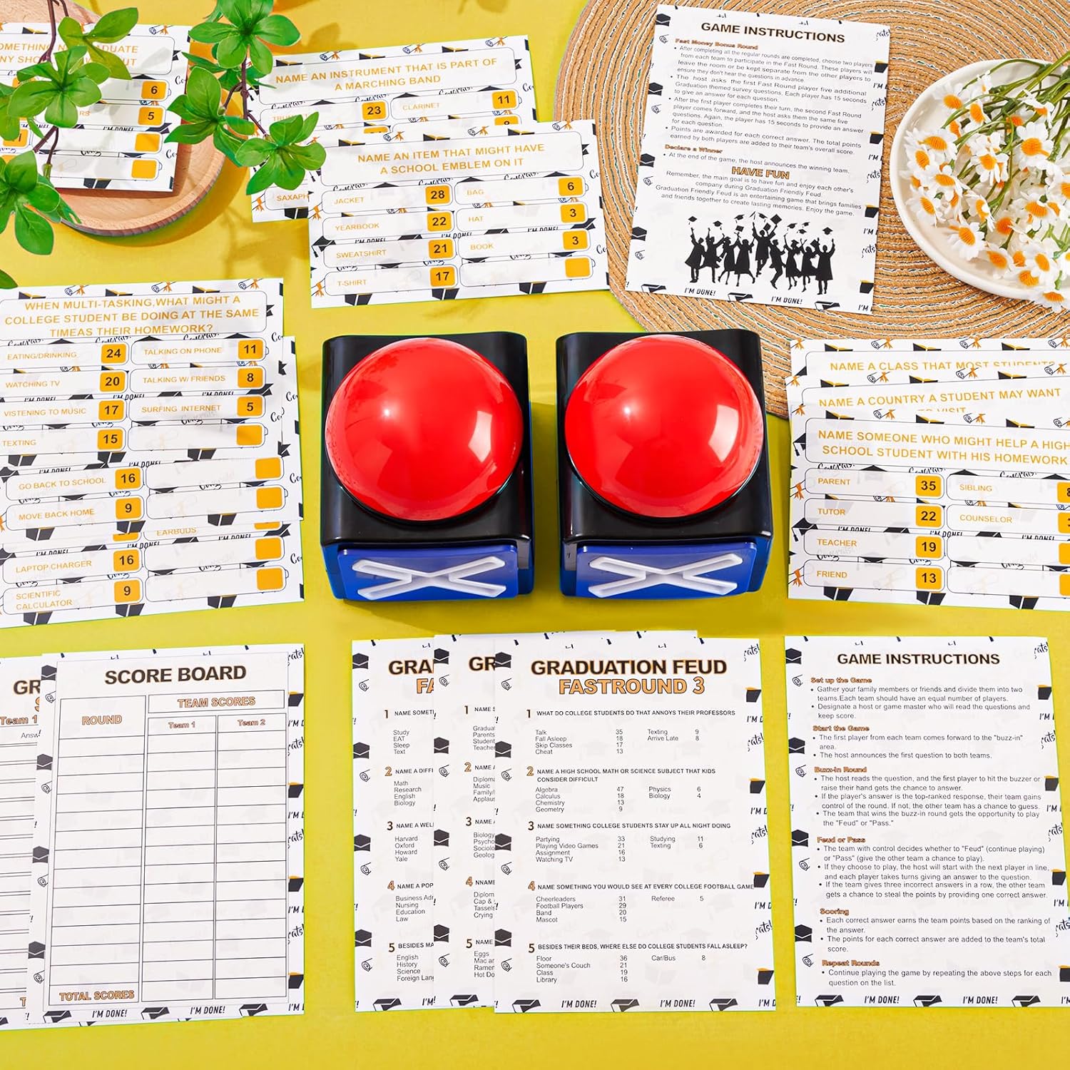 Graduation Friendly Feud Game with 2 Answer Buzzers, Fun Family Grad Party Board Games for Adults Feud Card Trivia Quiz Activities for Holiday Party Family Office Group Team Building