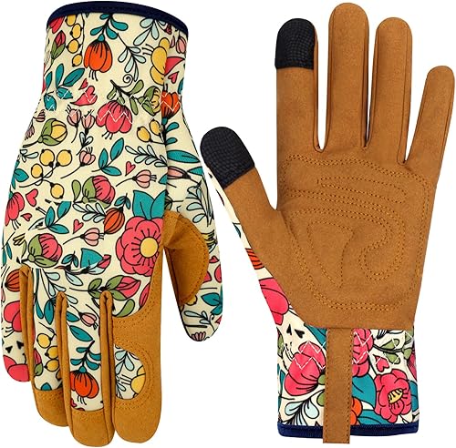 MERTURN Guantes de jardinería de cuero para mujer, guantes de jardín a prueba de espinas, guantes de trabajo para pantalla táctil, regalos