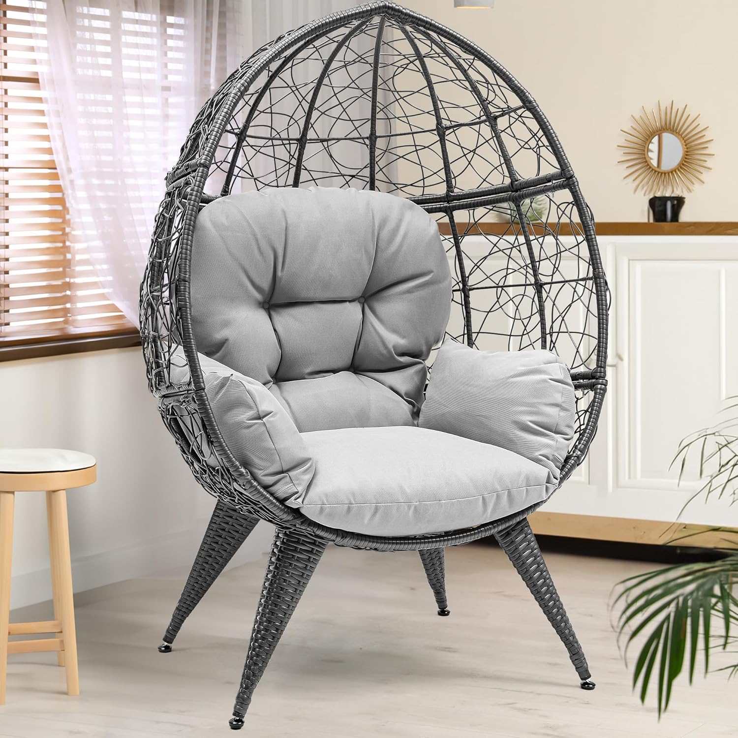 YITAHOME Egg Chair Wicker Outdoor Indoor Oversized Large Lounger with Stand Adjustable Leveling Feet Cushion Egg Basket Chair 350lbs Capacity for Patio, Garden Backyard Balcony, Beige
