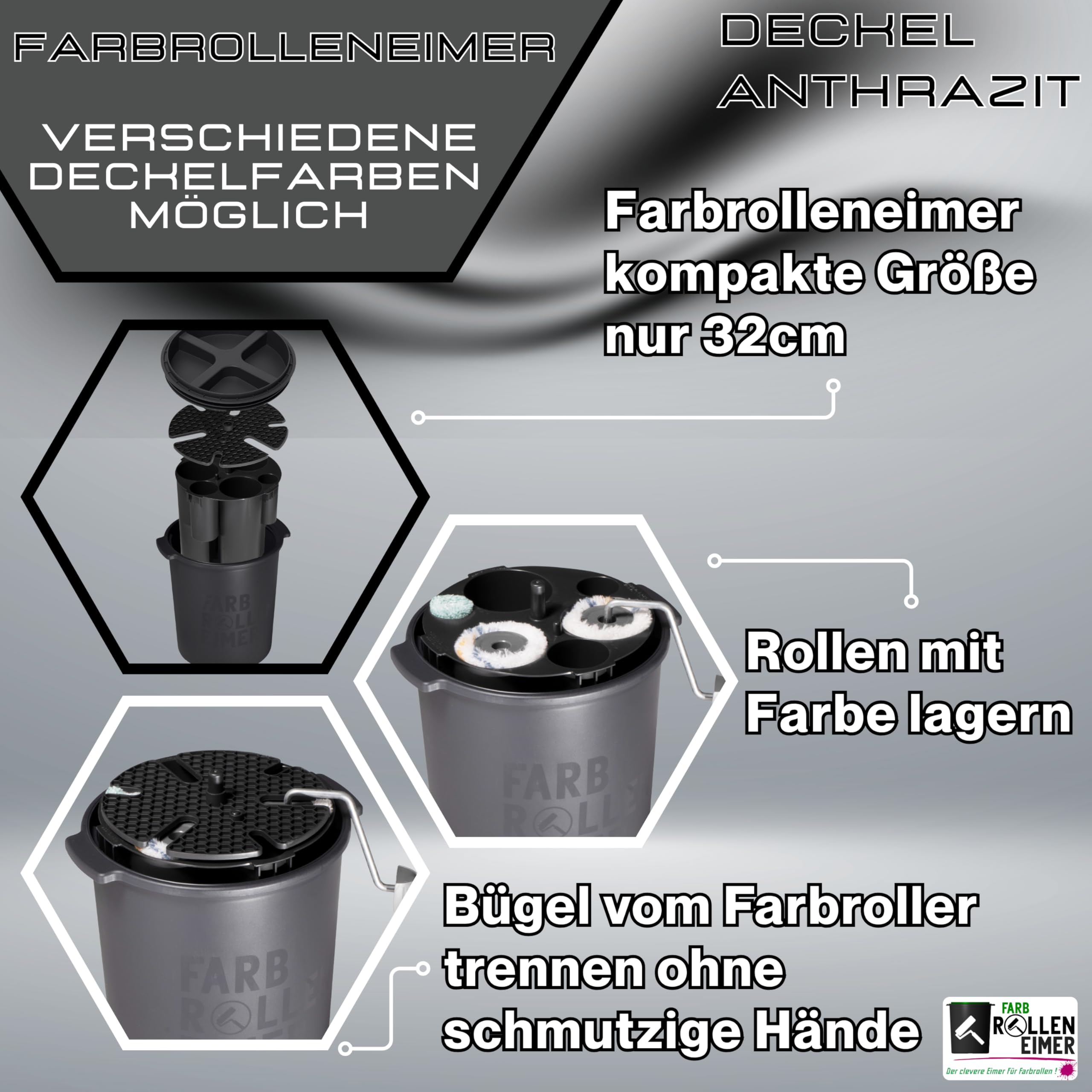 Farbeimer mit Deckel Anthrazit für 6 Farbrollen - Luftdichte Aufbewahrung für Malerrollen - Hält Farbroller frisch & einsatzbereit - Nachhaltiger Malerbedarf - Made in Germany