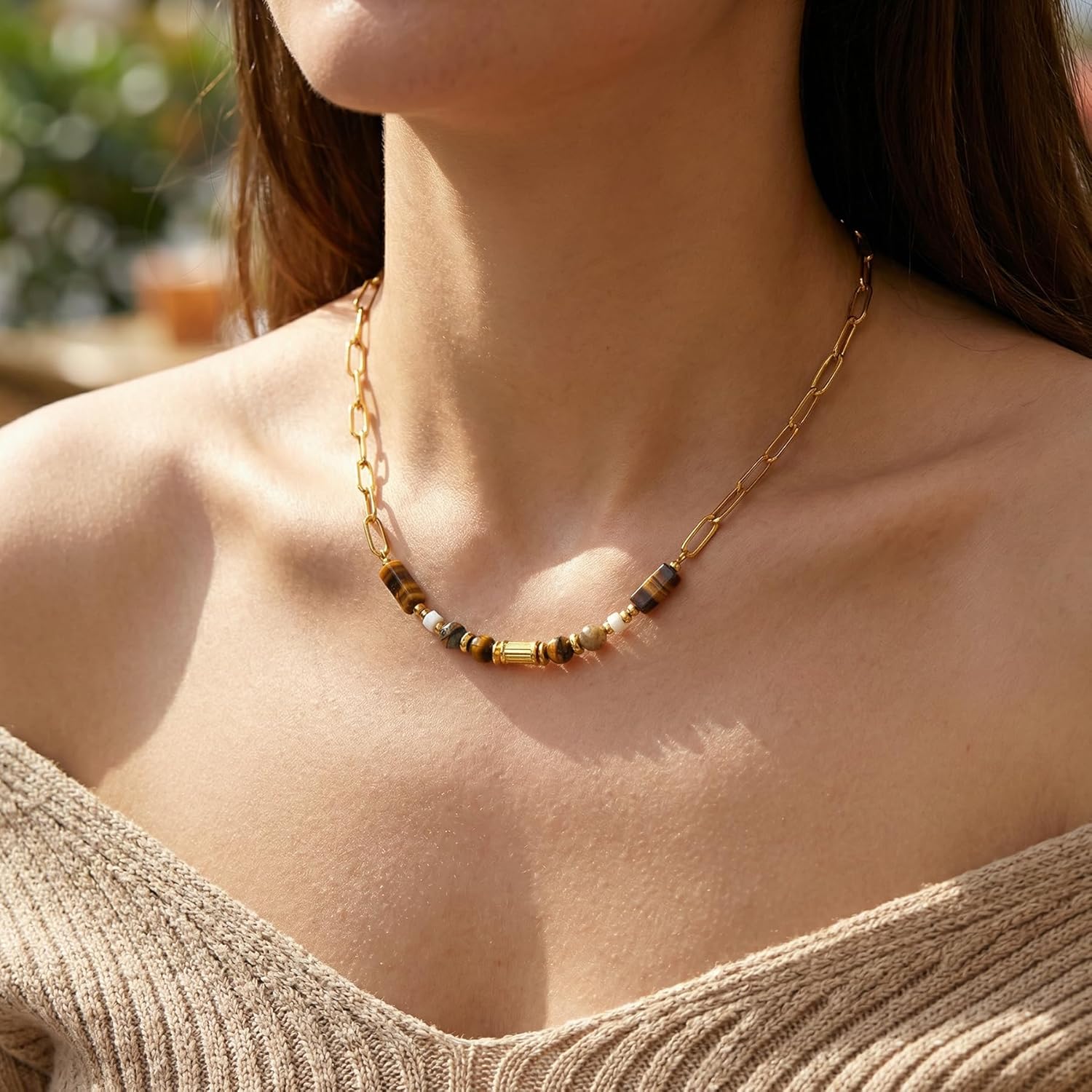 Harlermoon Tigers Eye Necklace Gold Brown Stone Pendant Boho Necklace Chunky Adjustable Bohemian Statement Dainty Jewelry for Women - Image 3
