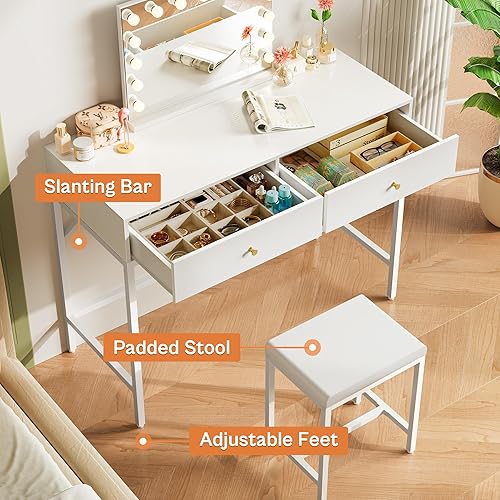 Miniatura 5 de SUPERJARE 35.4" White Desk with 2 Drawers, Modern Makeup Vanity with Padded Stool, Small Computer Desk Home Office Desk for Writing Study Bedroom