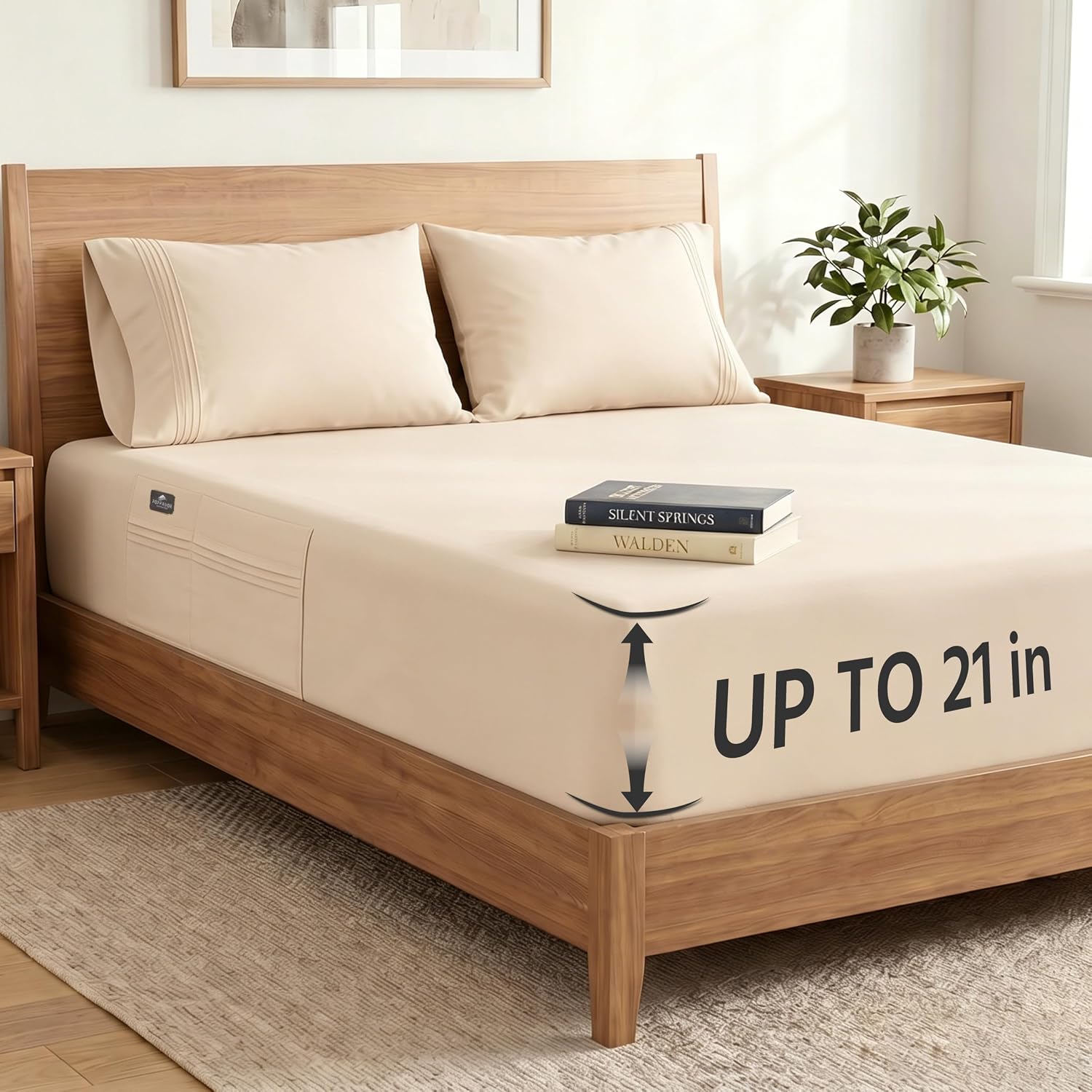 Deep Pocket Queen Fitted Sheet with Straps - Fits Mattresses Up to 21" Thick - 3 Piece Bed Sheets - Moisture Wicking, Cooling & Soft Fitted Sheet & Pillow Cases (Beige)