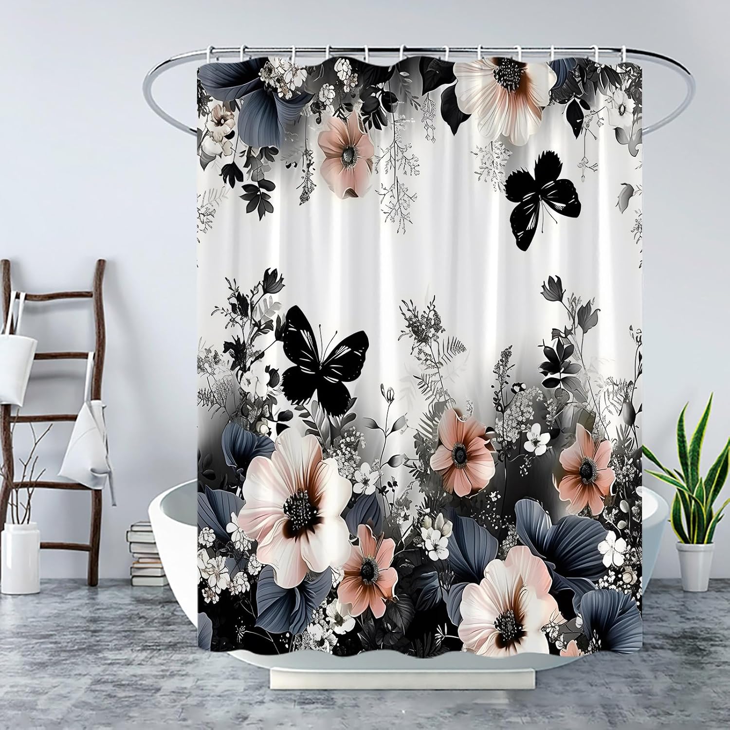 Floral Plant Shower Curtain Pink Beige Flower Butterfly Black White Floral Leaves Botanical Watercolor Floral Plant Modern Garden Scenery Nature Rustic Fabric Bath Curtain Set with Hook