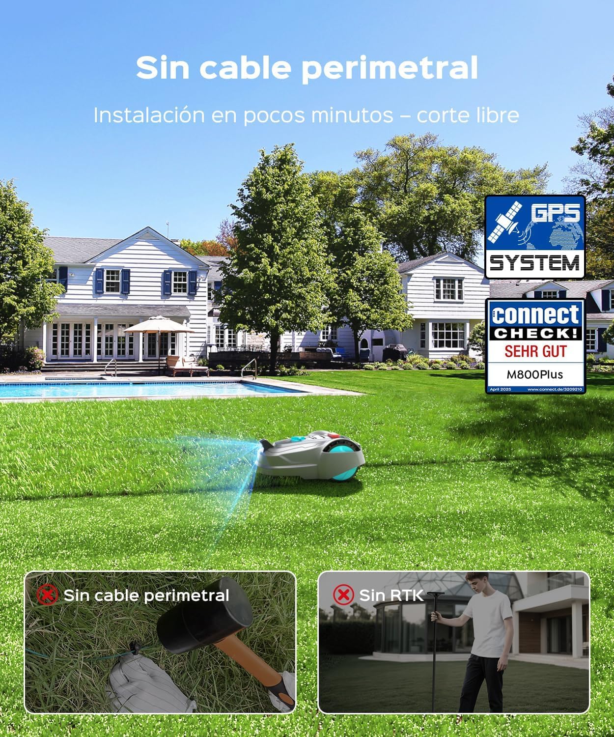 YARDCARE M800Plus Robot Cortacesped sin cable perimetral,máx. 800 m²,posicionamiento GPS + visión IA, trayectorias en U,robot cortacésped sin cable con App,carga automática,detección de 150 obstáculos