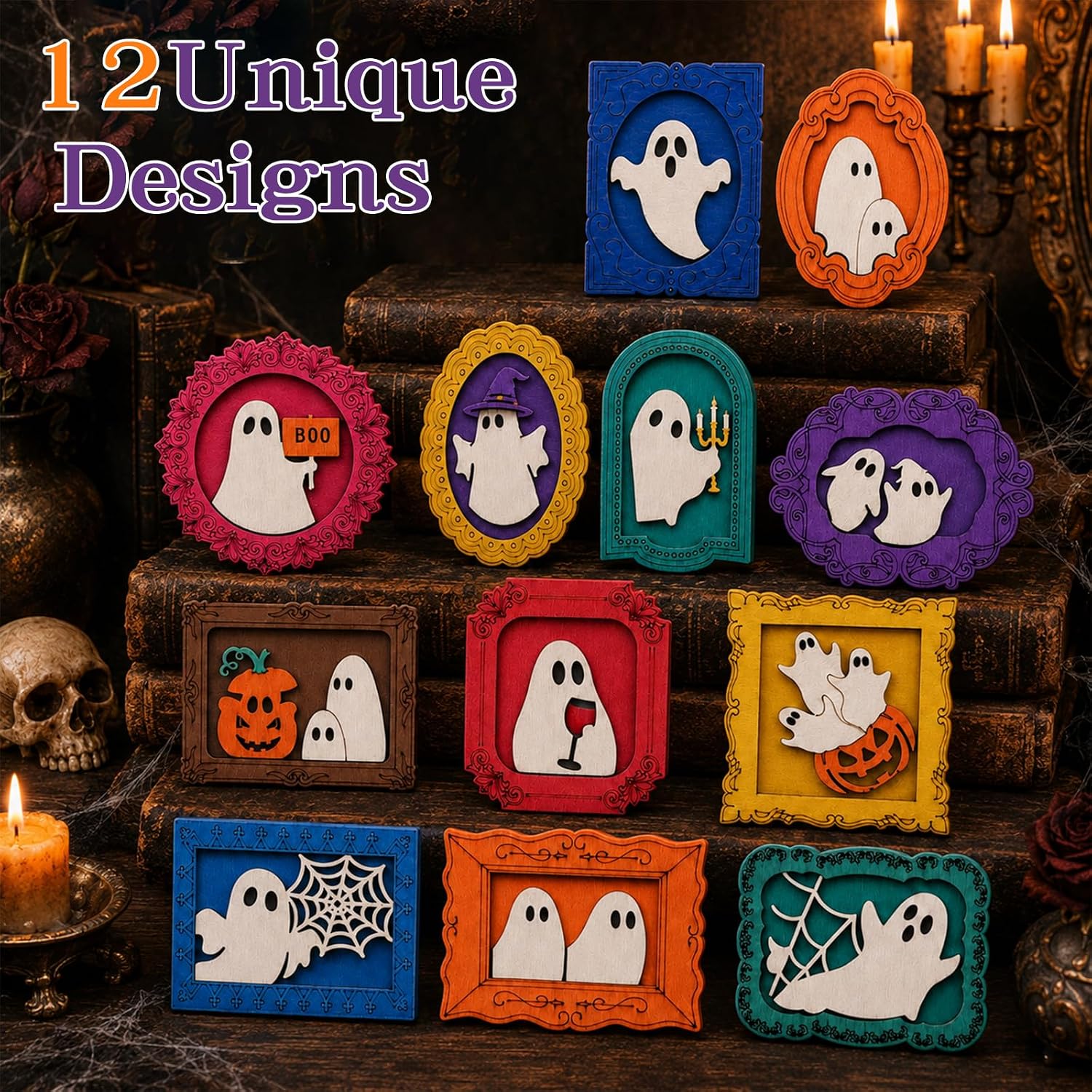 Unfinished Wood Crafts Ghost Decor - 12 Set Halloween Decorations DIY Frame