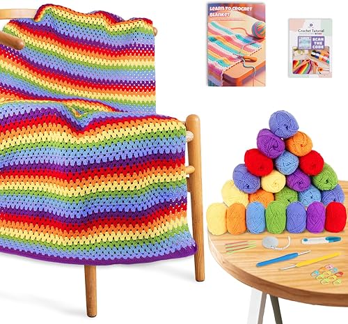 Kit de ganchillo para principiantes, adultos y niños, kit de manta de ganchillo arcoíris para principiantes con hilo de primera calidad e