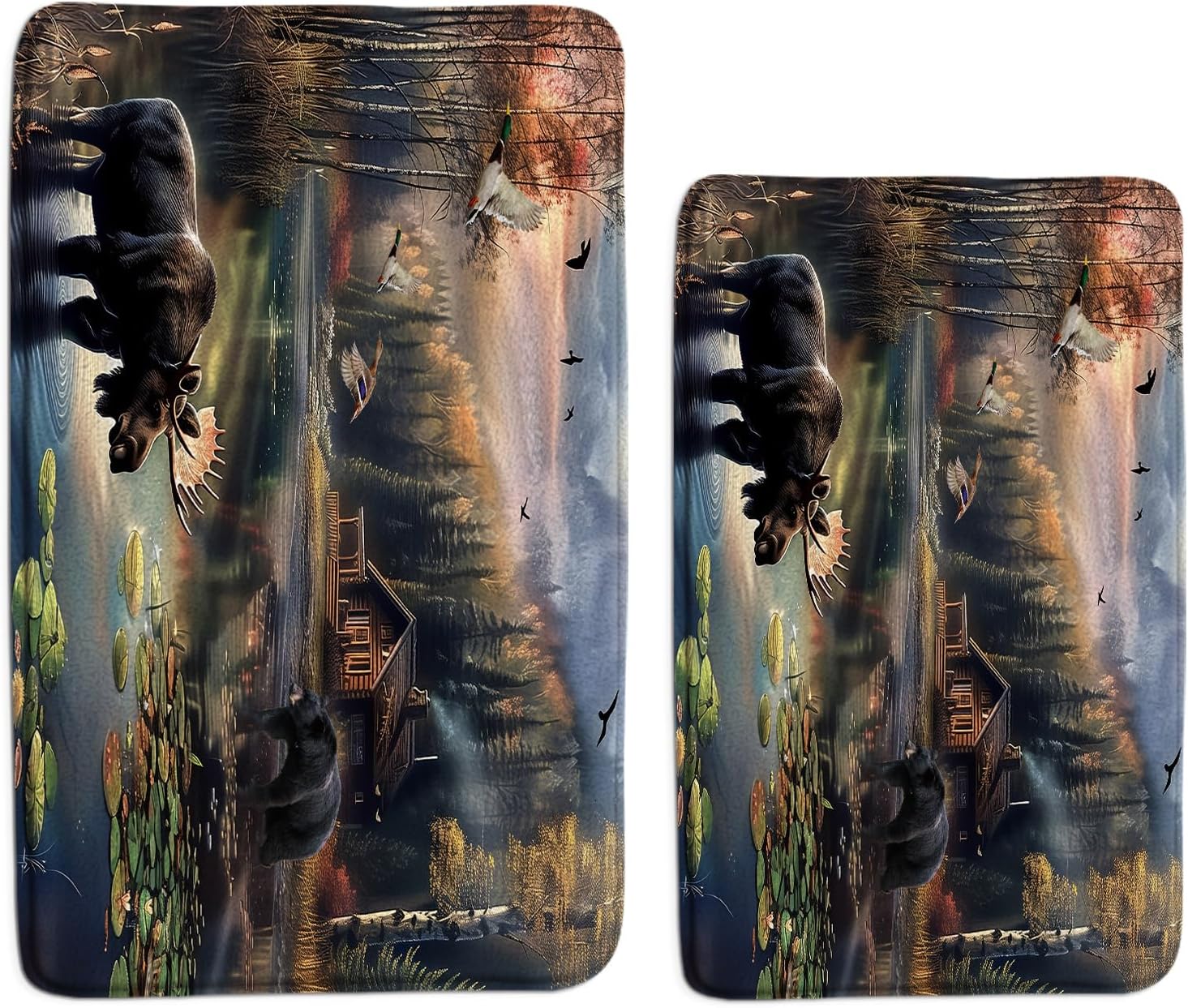 Rustic Cabin Bath Mat Forest Wildlife Bear Deer Moose Lake Tree Animal Farmhouse Brown Bathroom Kitchen Toilet Rugs,16x24 and 16x48 Inch