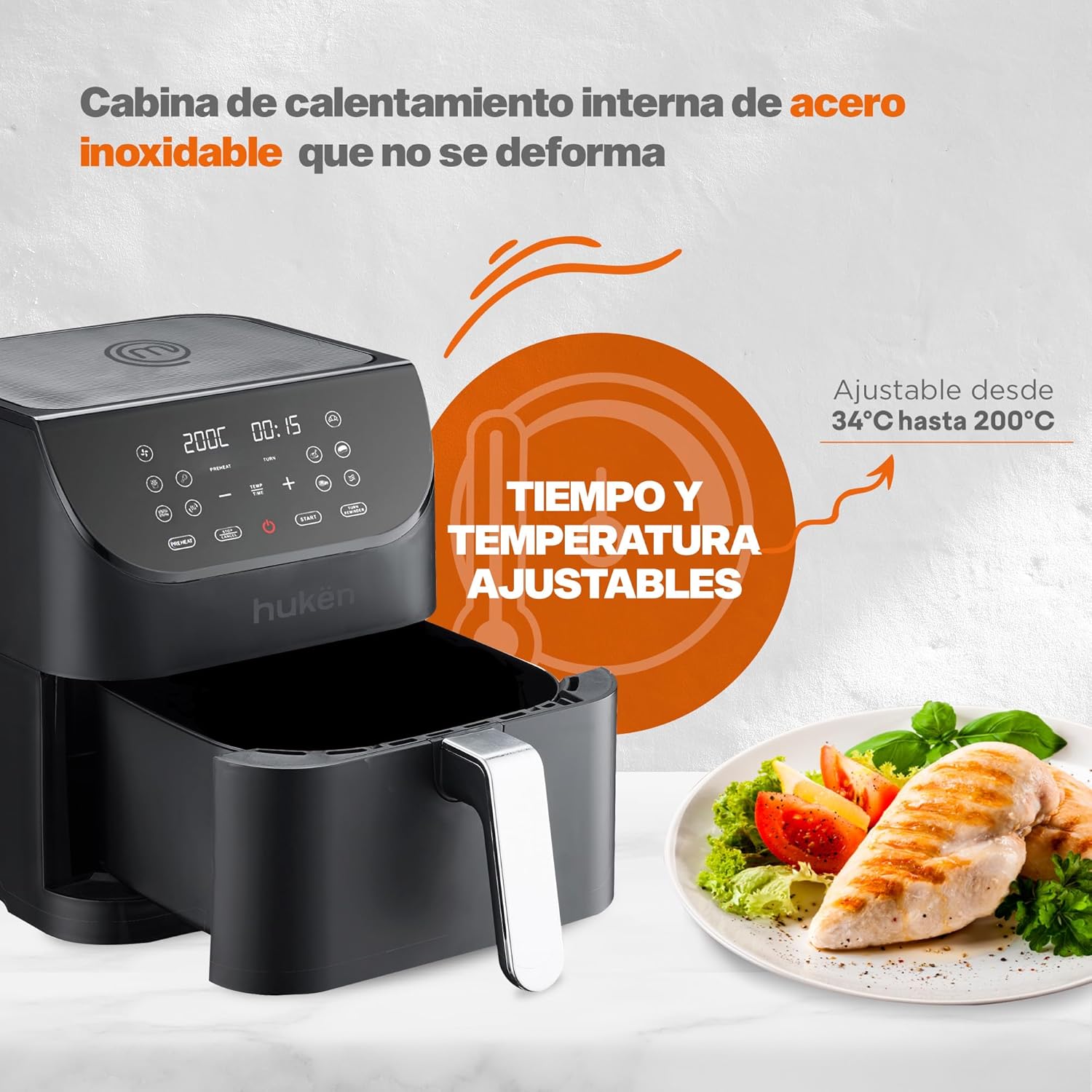 Image highlighting the stainless steel internal heating cabin of the Hukën x MasterChef Air Fryer.
