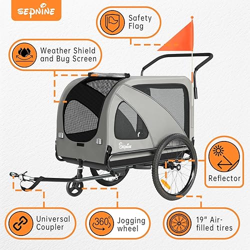 Miniatura 4 de Sepnine Remolque de bicicleta para perros, soporta hasta 110 libras, carrito de cochecito de mascotas 2 en 1, marco de carrito plegable fácil con
