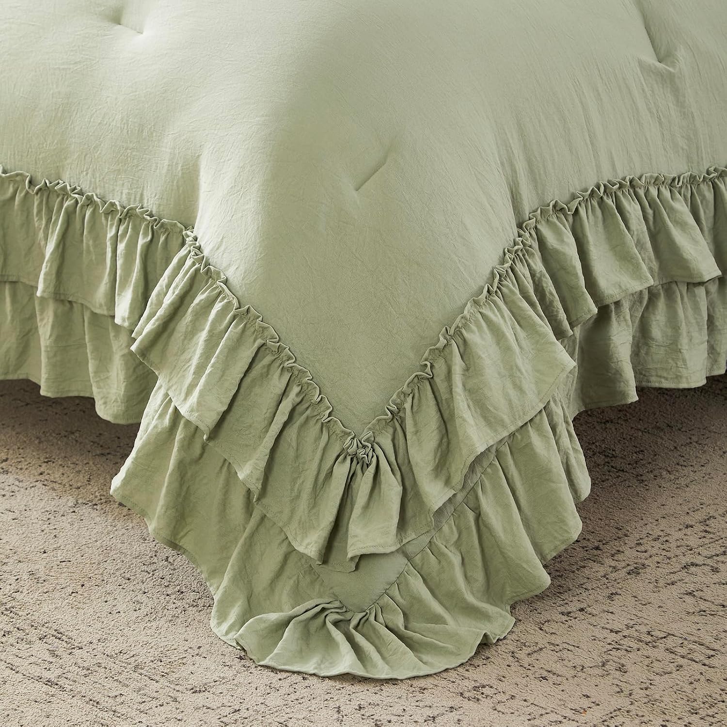 Double Ruffle Sage Green Comforter Queen Size Farmhouse Bedding