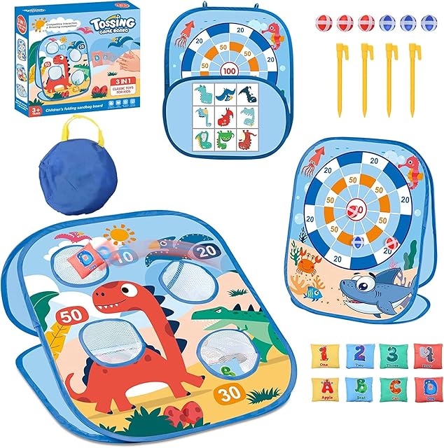 LATERN 3 In 1 Bean Bag Toss Game Toy, Dinosaur Ocean Theme Foldable Corn Hole Game, Safety Dart Game and Tic Tac Toe Game for Boys Girls Indoor Outdoor Garden Party