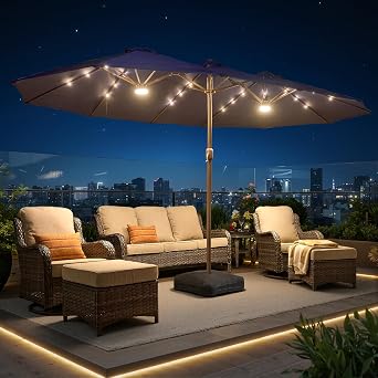 15Ft Patio Umbrella With Warm Solar Light - Large Beach Umbrella W 12 Sturdy Ribs,UPF50 Outdoor Table Umbrella,Picnic Market Umbrella W Base Crank Handle for Pool,Yard,Garden